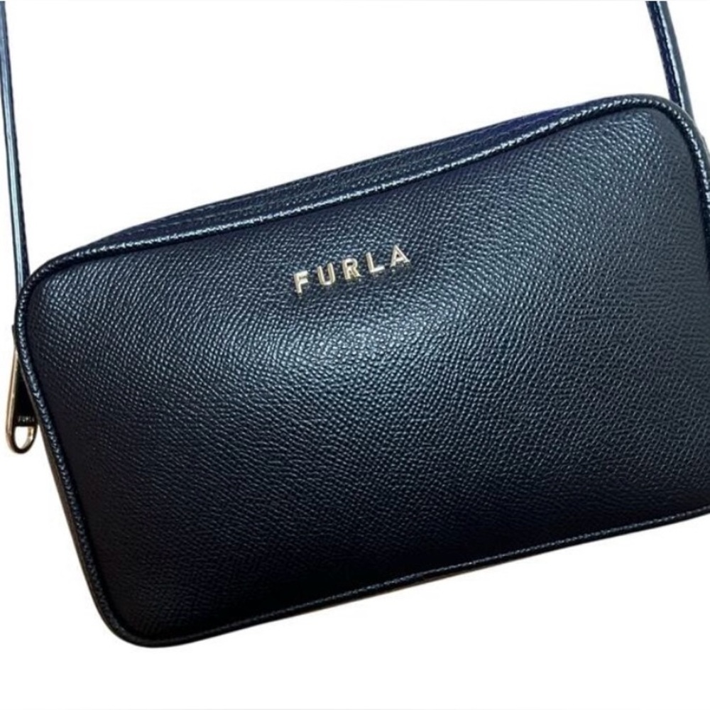 Furla Black Pebbled Leather Cross Body Bag Double Top Zip